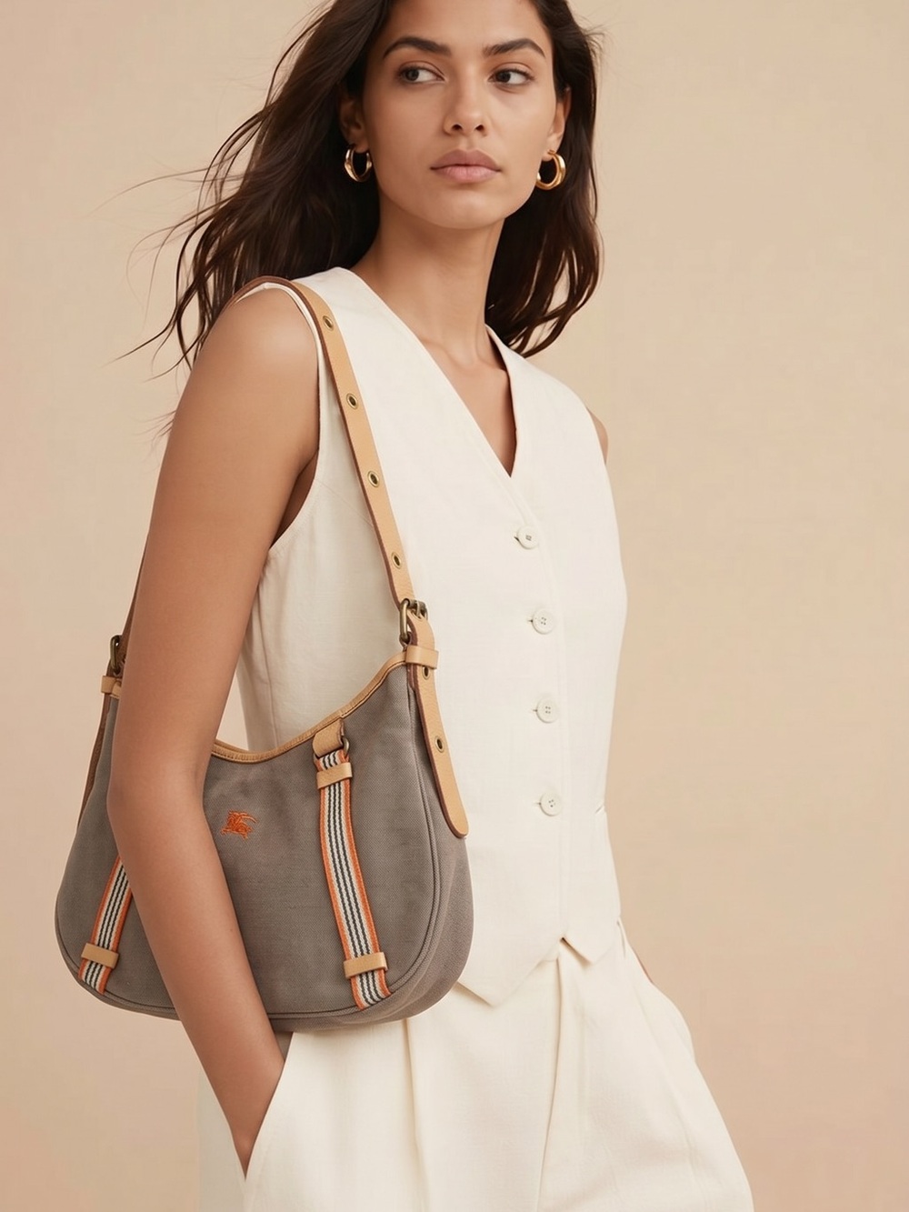 Burberry Tan and Gray Shoulder Bag